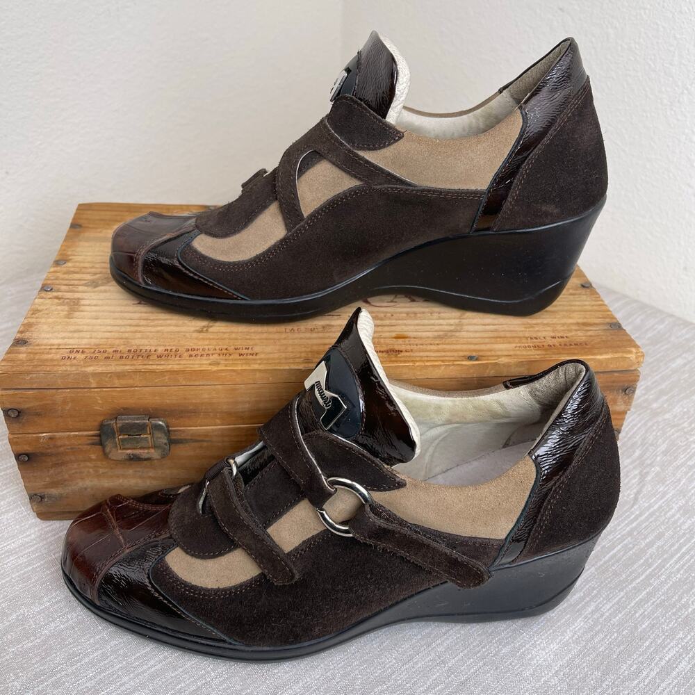 Mauri Suprema 8651 Women 9 Brown Baby Crocodile Suede Patent Leather Wedge Shoes - Picture 7 of 16